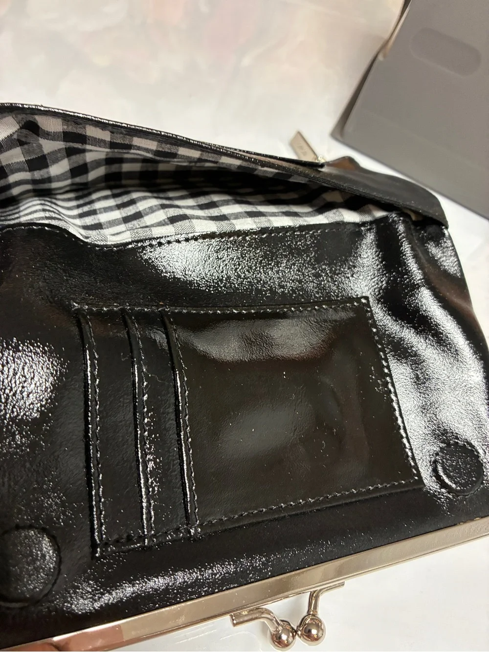 HOBO International Black Patent Finish Bow Kiss Lock Continental Wallet Clutch
